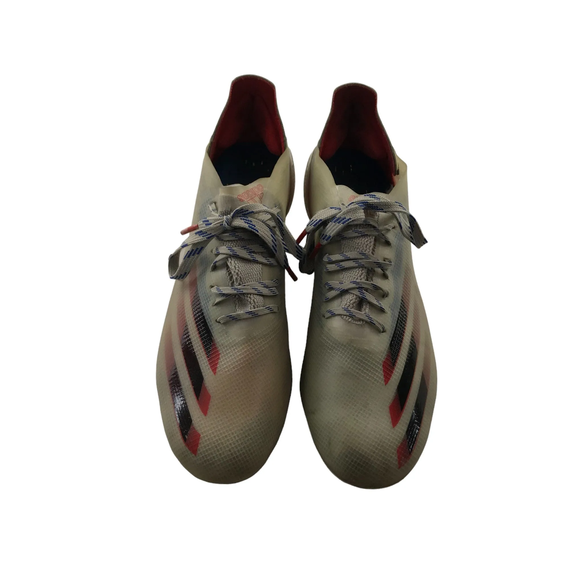 Adidas Fluroskin Speedframe football boots shoe size UK 6 white red and blue with plastic moulded studs