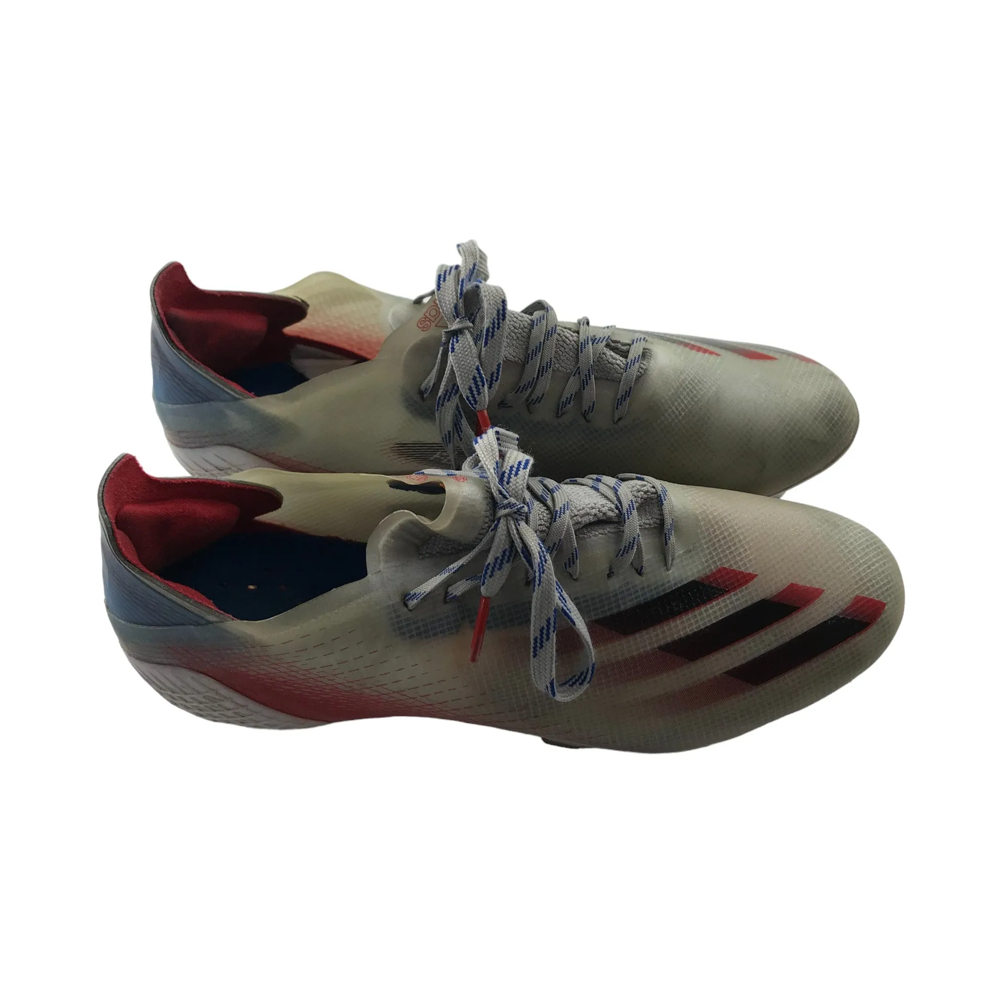 Adidas Fluroskin Speedframe football boots shoe size UK 6 white red and blue with plastic moulded studs