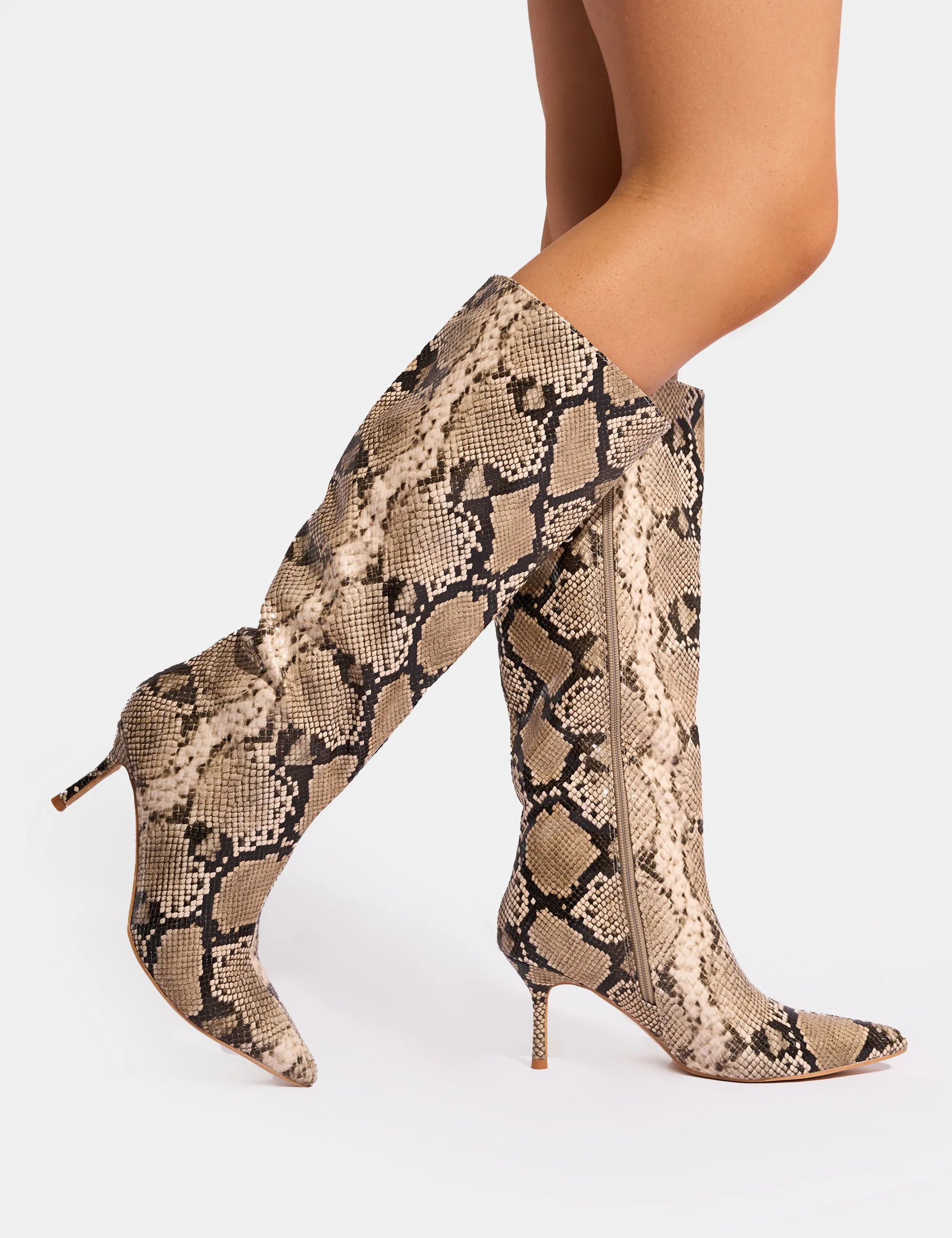 Amped Snake Pointed Toe Mid Heel Knee High Boots