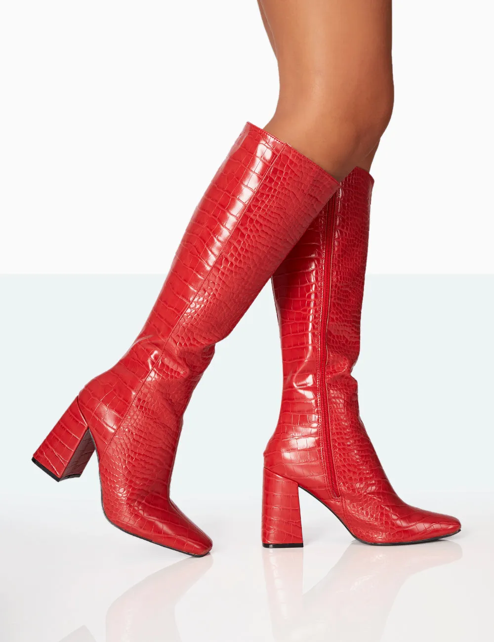 Apology Red Croc PU Knee High Block Heel Boots