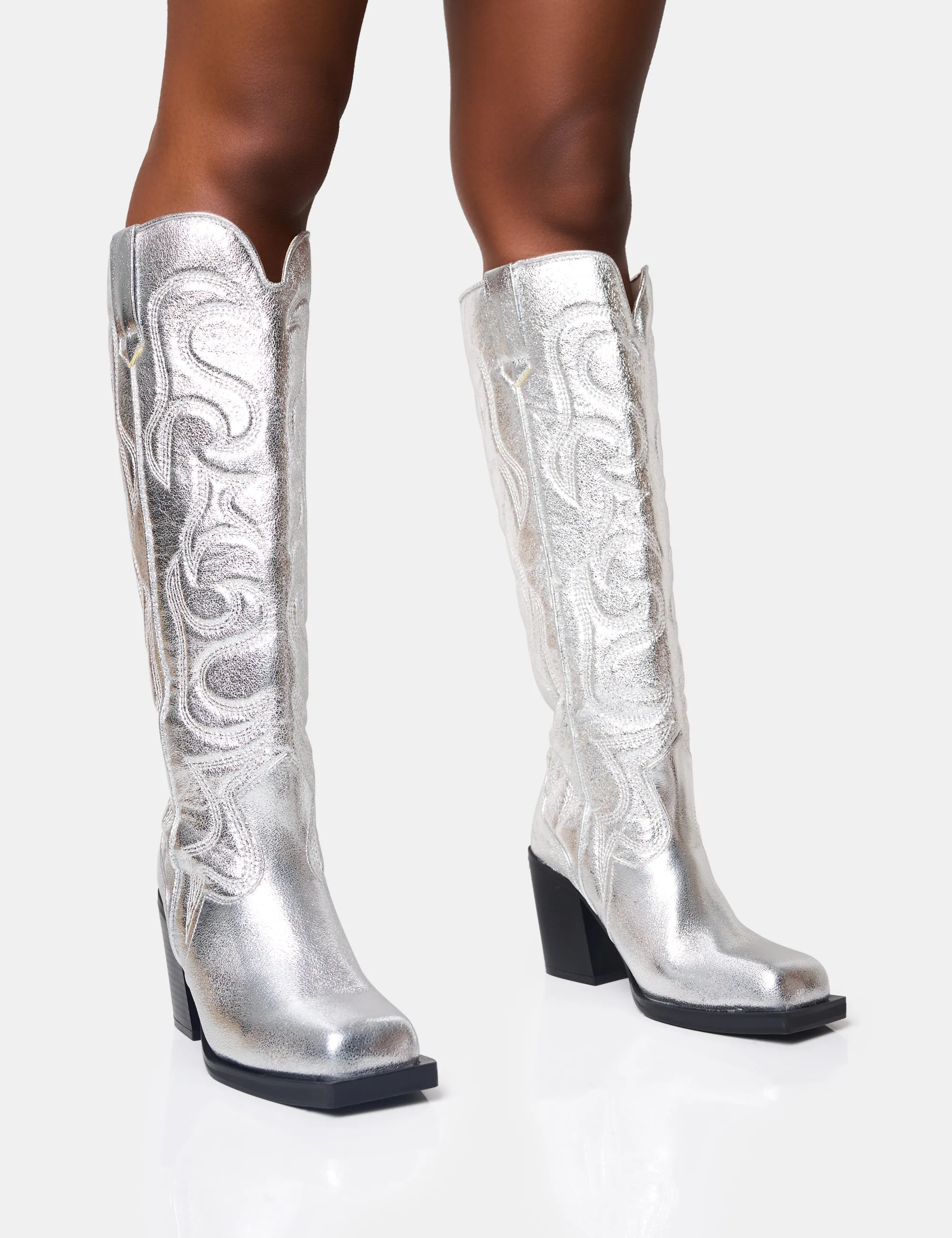 Austine Wide Fit Silver Western Block Heel Knee High Boots