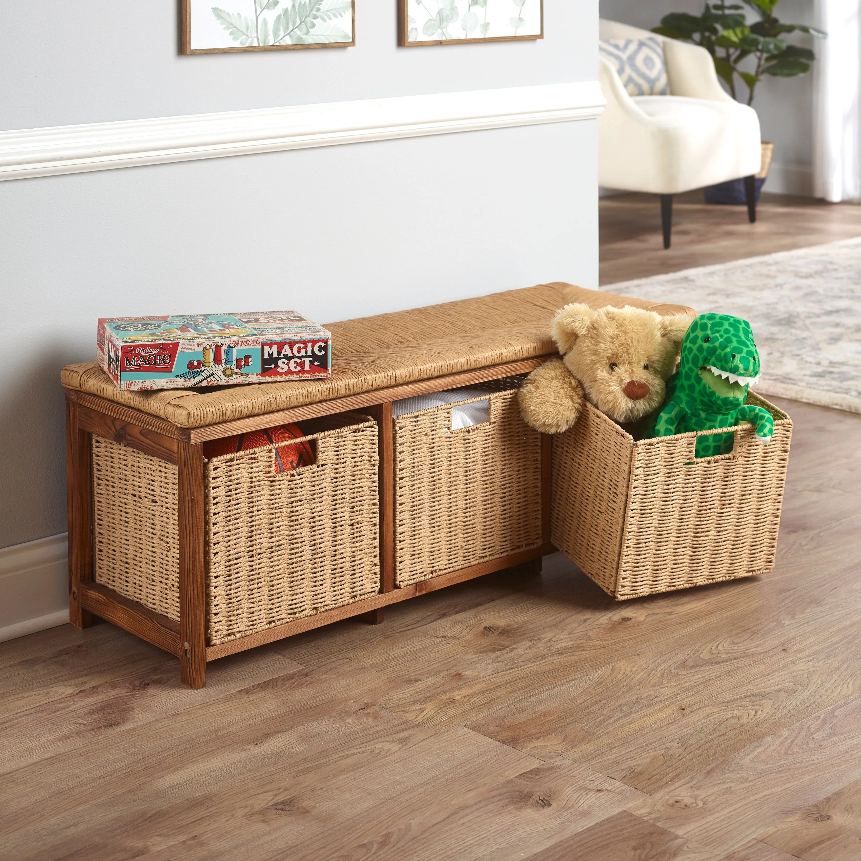 Badger Basket Kid's Storage Bench with Woven Top and Baskets