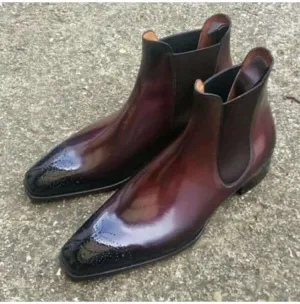 Bespoke Burgundy Chelsea Leather Brogue Toe Boots for Men's