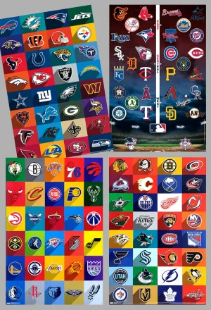 Combo: The Pro Sports Universe (NFL, MLB, NHL, NBA Logos) All Team Logos 4-Poster Set - Costacos Sports