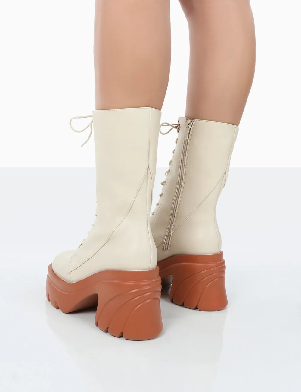 Ever Beige Laced Platform Chunky Sole Ankle Boots