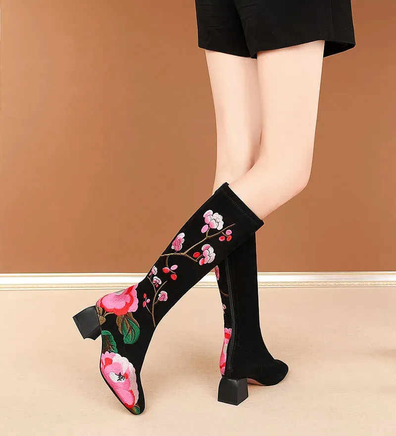 Floral Embroidered Square Heel Velvet Boots