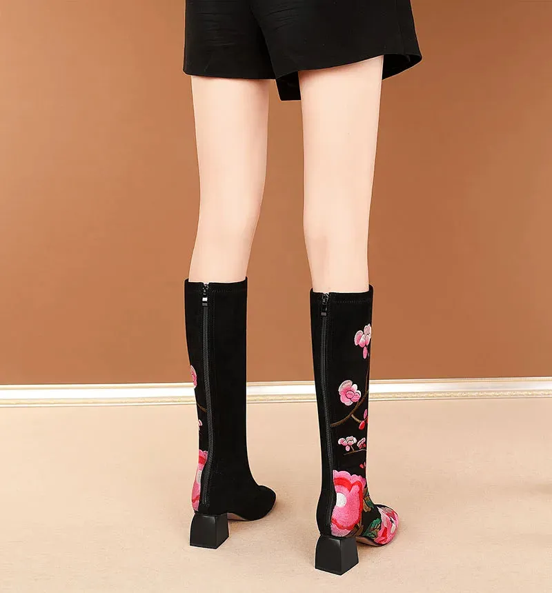 Floral Embroidered Square Heel Velvet Boots