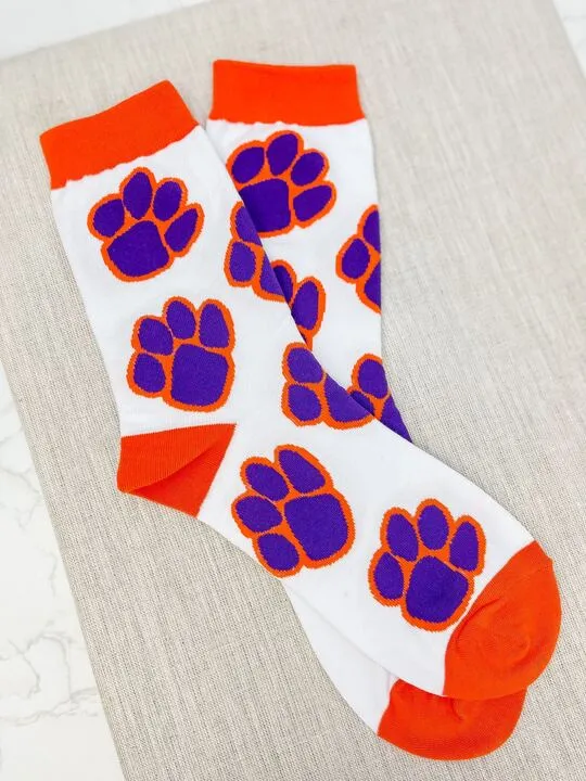 Game Day Paw Print Crew Socks - Purple & Orange