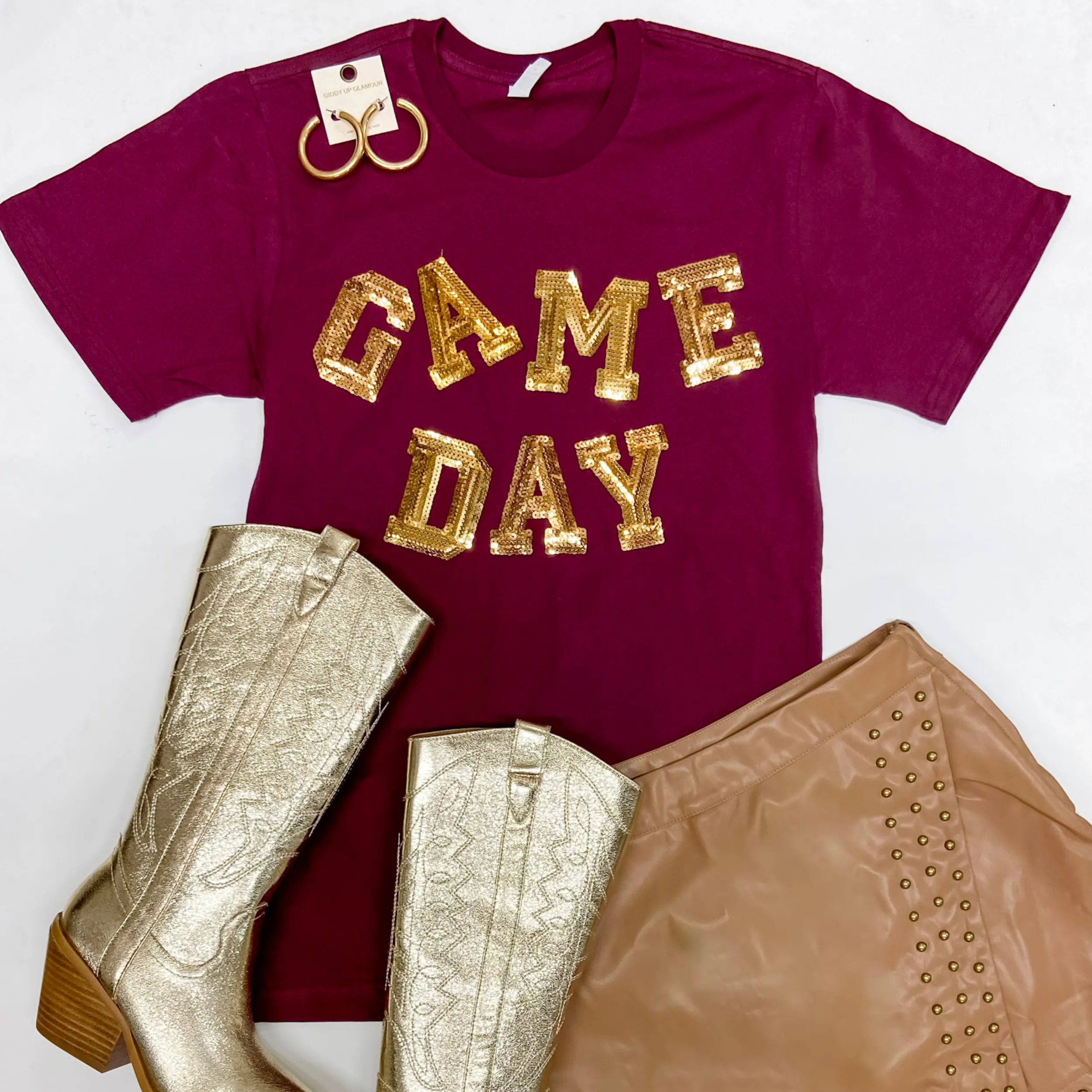 Gameday Gold Sequin Letter Short Sleeve Graphic Tee in Maroon