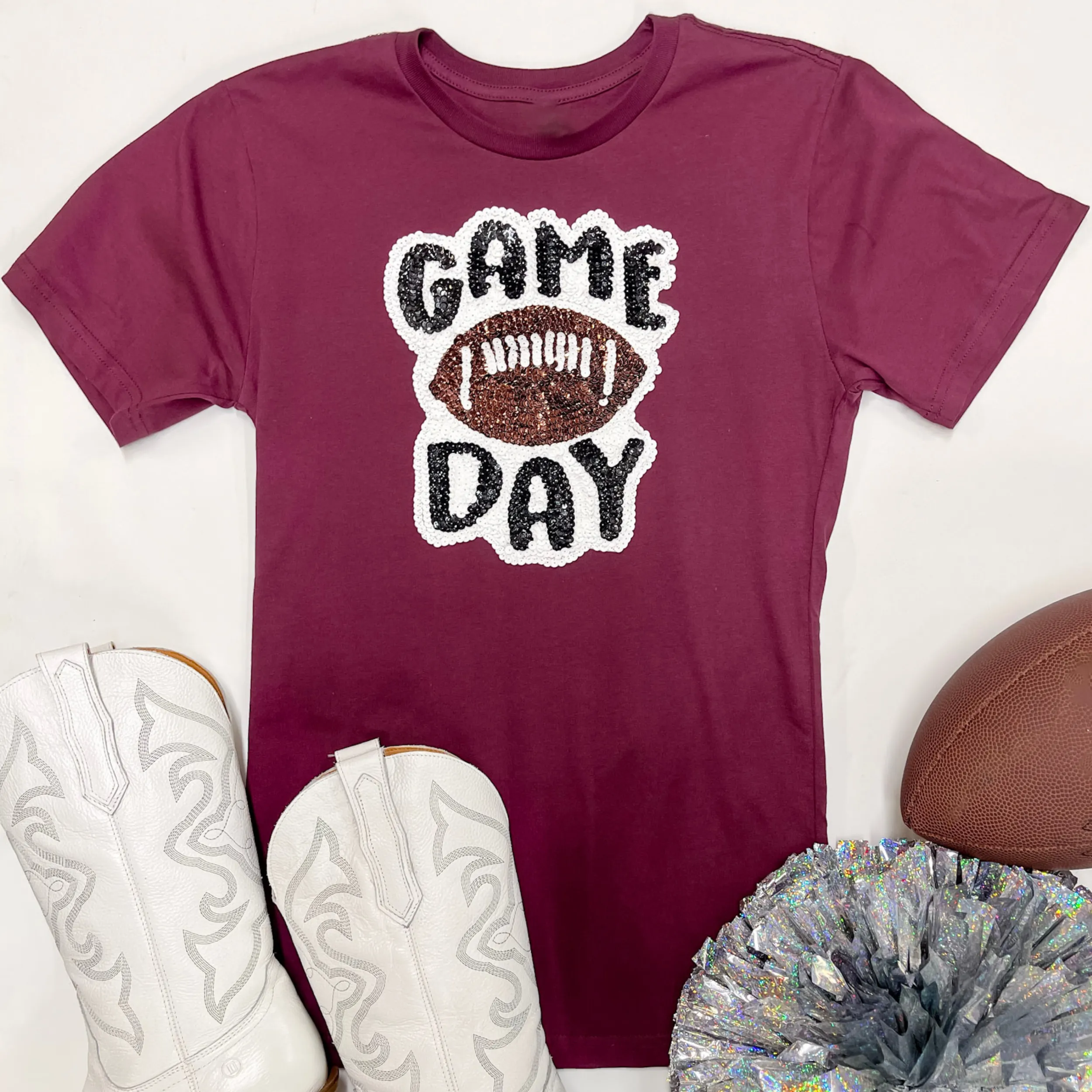 Gameday Sequin Patch Football Short Sleeve Graphic Tee in Maroon