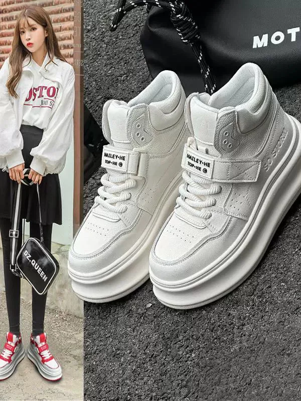 Genuine leather high-top fleece cotton shoes with thick soles and versatile athleisure board shoes