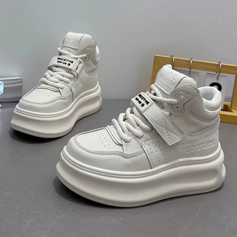 Genuine leather high-top fleece cotton shoes with thick soles and versatile athleisure board shoes