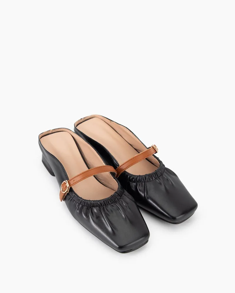 Genuine Leather Low Heel Toe Mule Sandals