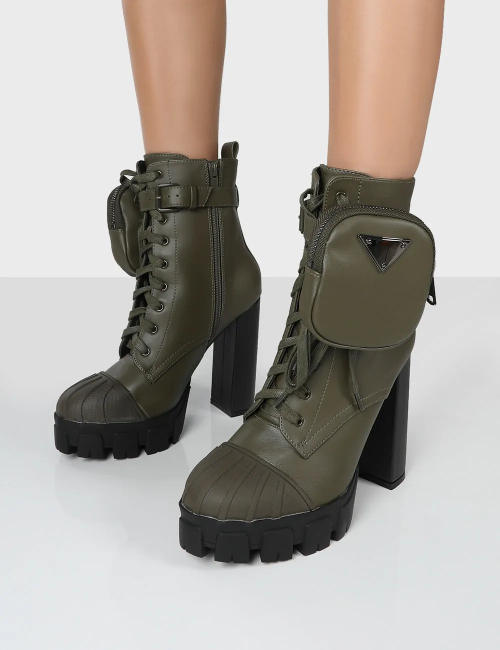 Hallucinate Khaki Pu Pocket Detail Block Heel Ankle Boot