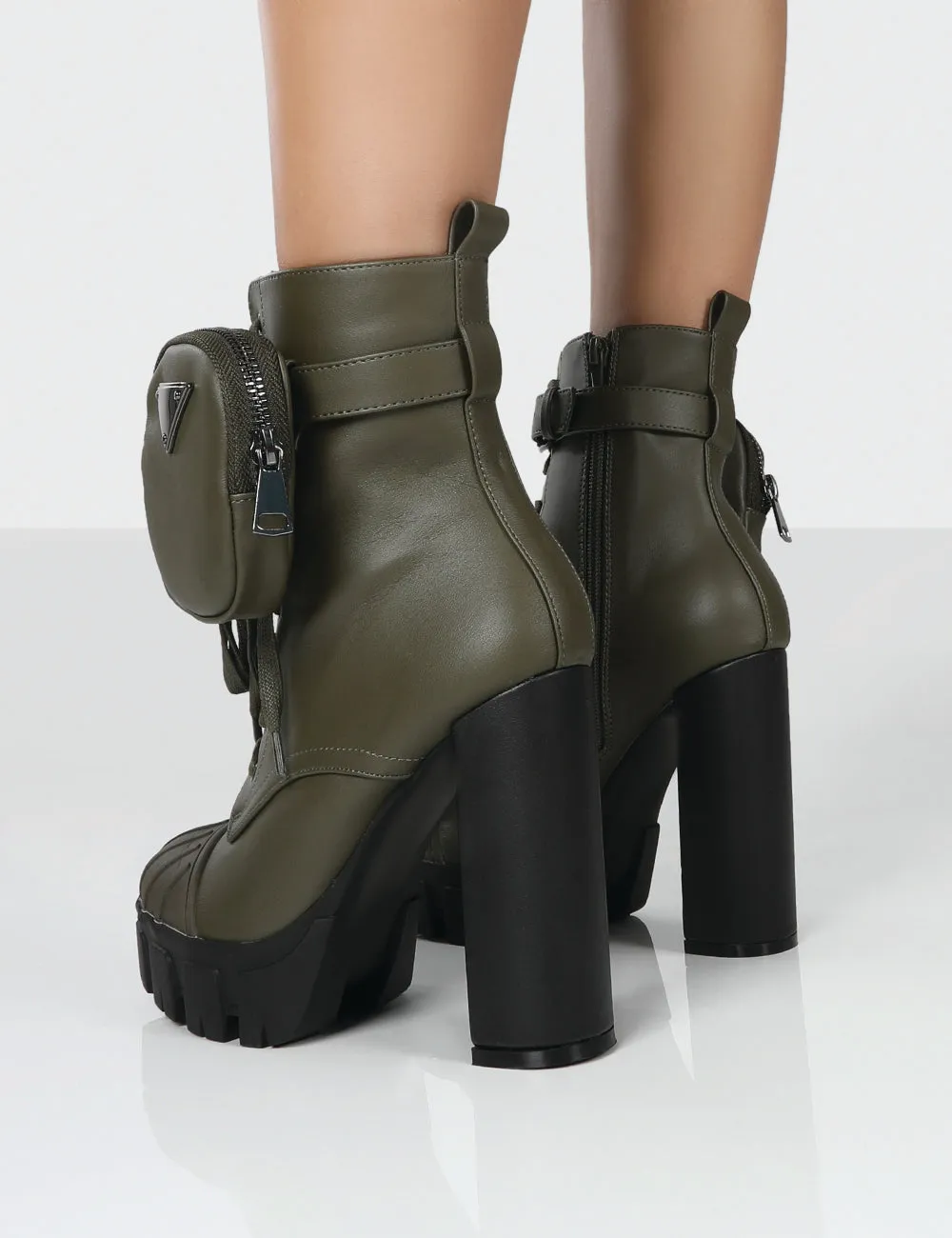 Hallucinate Khaki Pu Pocket Detail Block Heel Ankle Boot