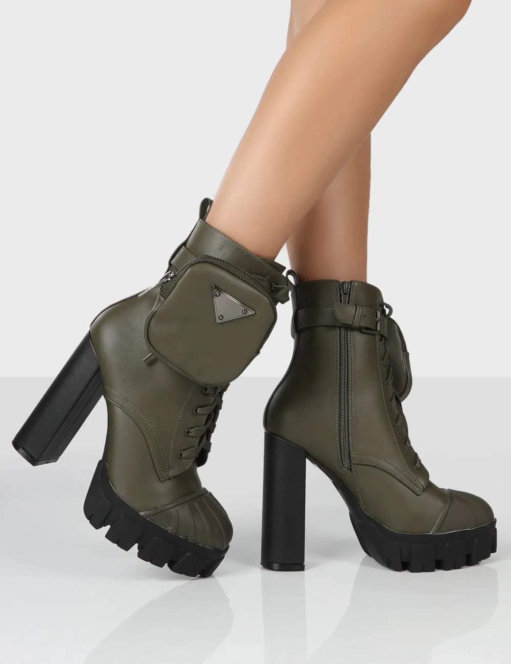 Hallucinate Khaki Pu Pocket Detail Block Heel Ankle Boot