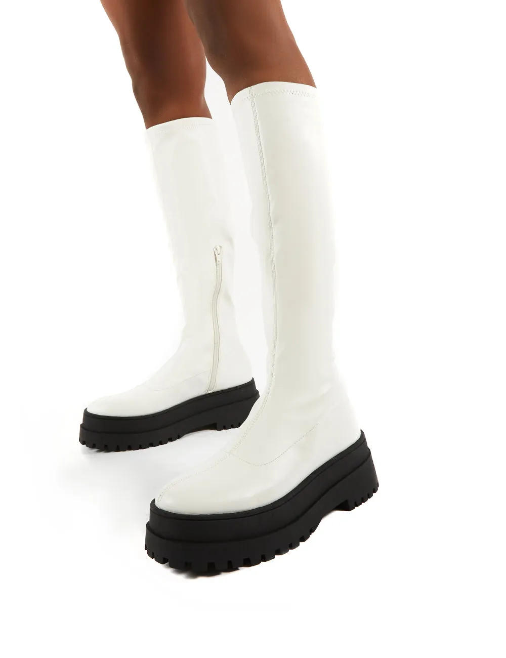 Haunt White PU Knee High Chunky Sole Boots