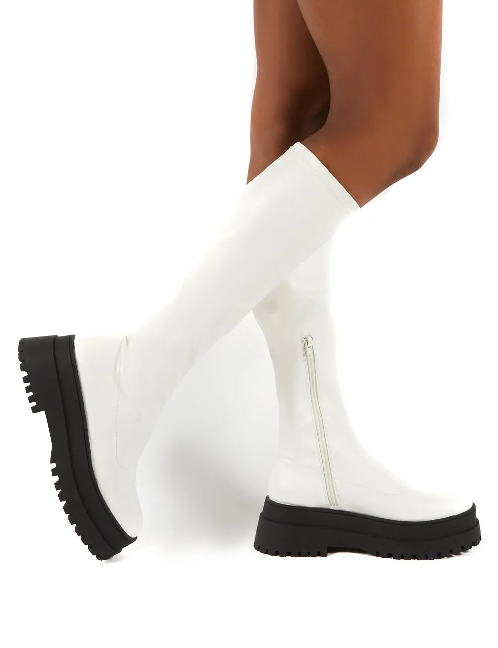 Haunt White PU Knee High Chunky Sole Boots