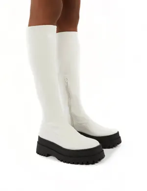 Haunt White PU Knee High Chunky Sole Boots