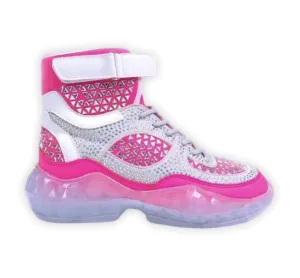 Hi Top Lace Up Neon Pink Rhinestone Sneakers