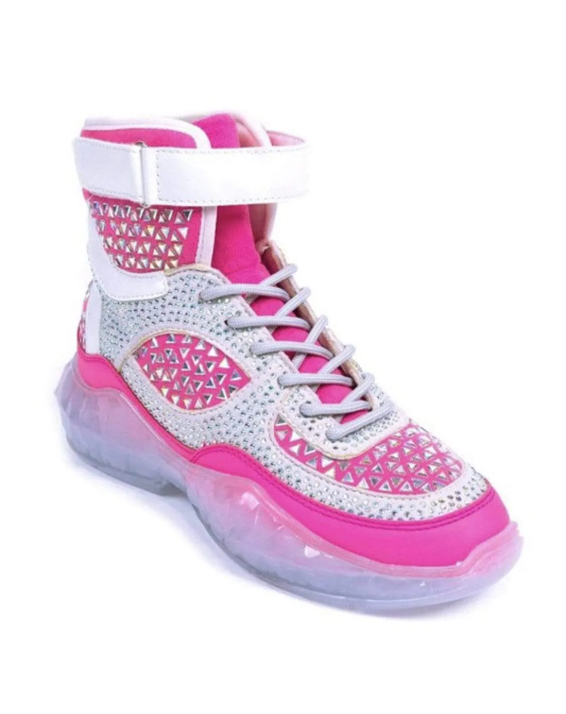 Hi Top Lace Up Neon Pink Rhinestone Sneakers