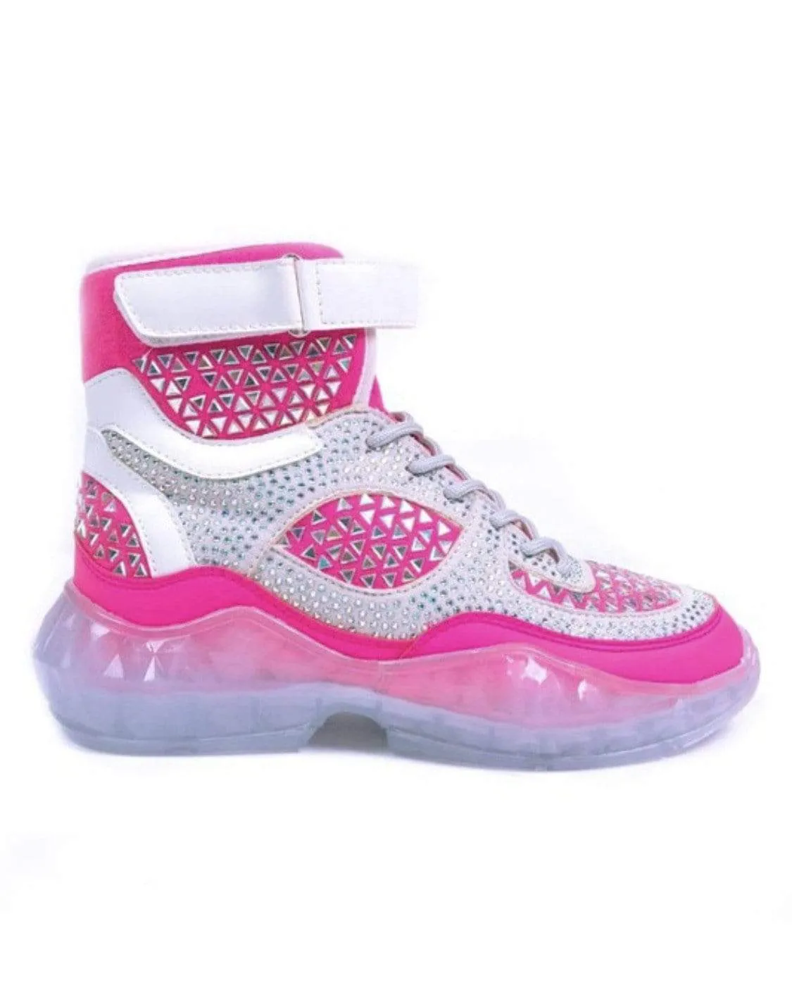 Hi Top Lace Up Neon Pink Rhinestone Sneakers