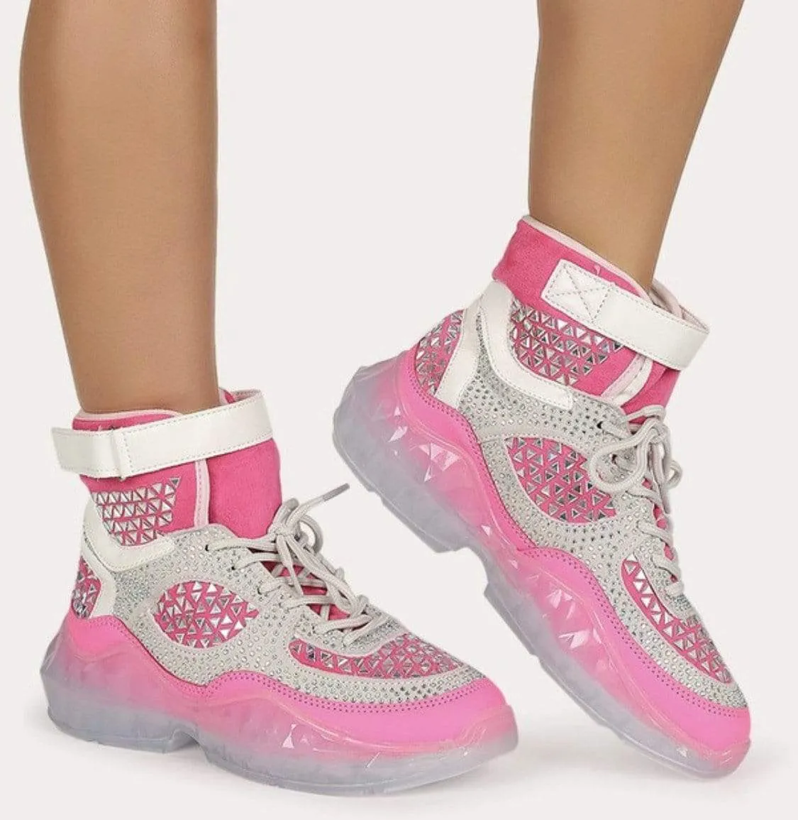 Hi Top Lace Up Neon Pink Rhinestone Sneakers