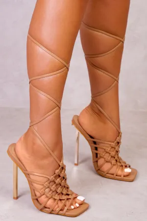 HIGH HEELS WITH KNOTTED STRAP DETAIL IN CARAMEL MOCHA FAUX LEATHER