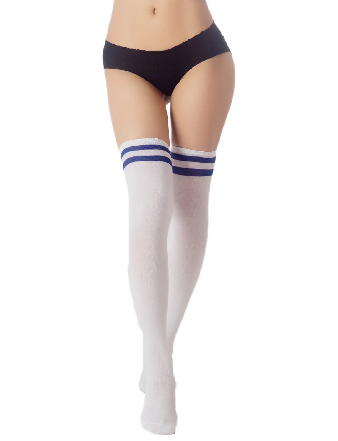 iB-iP Women's Navy Stripes Sports Football Style Hold-up Thigh High Long Socks