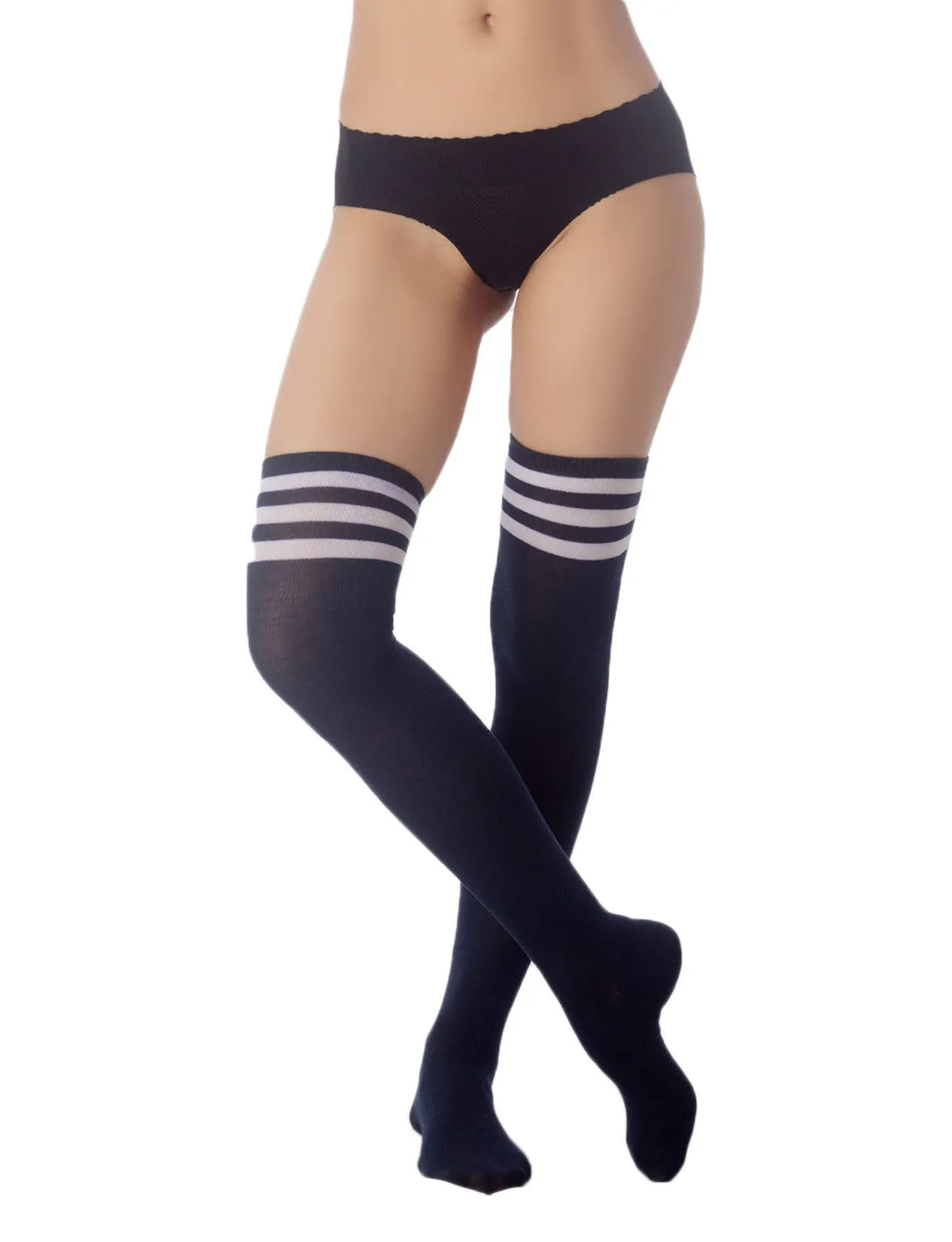 iB-iP Women's Navy Stripes Sports Football Style Hold-up Thigh High Long Socks