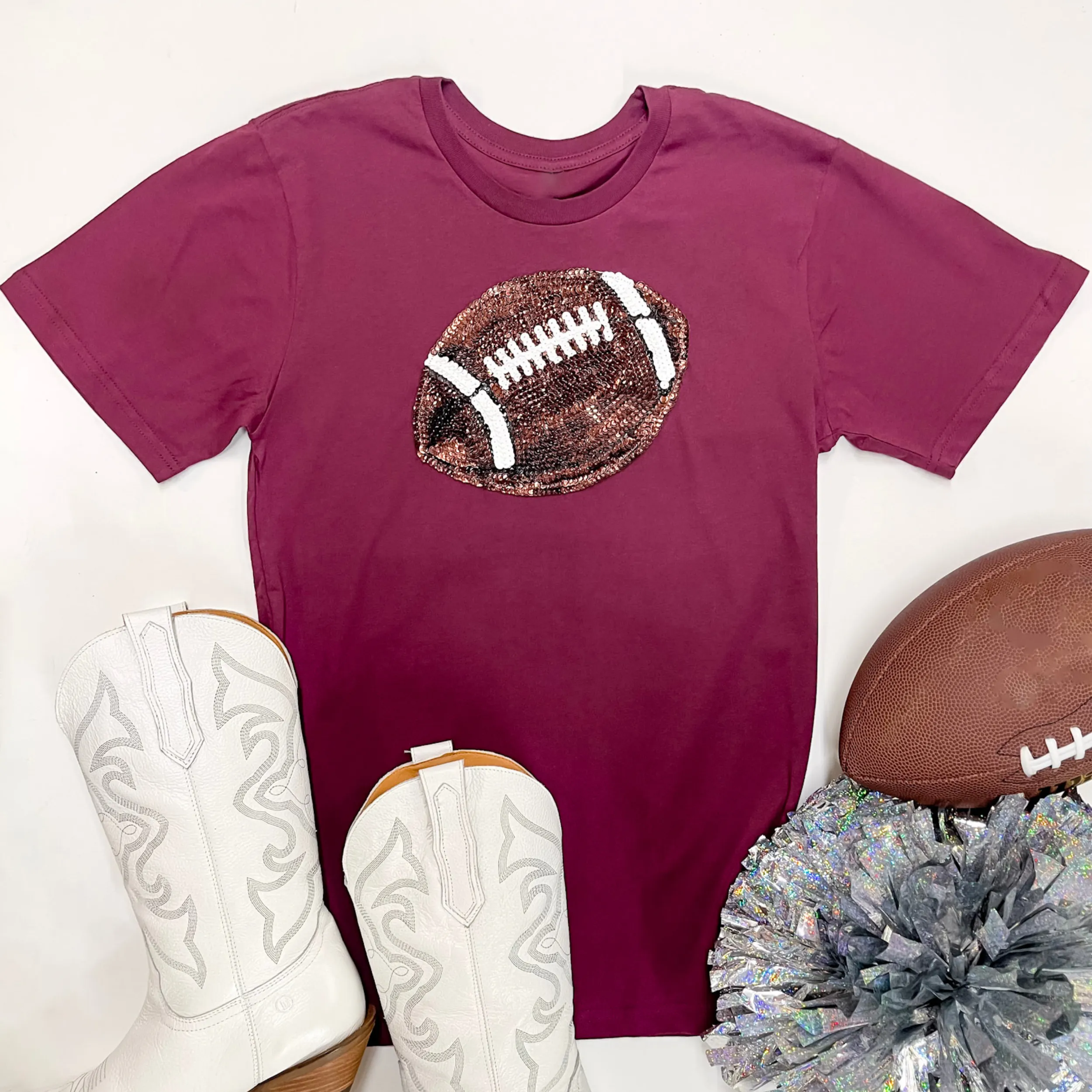 It's A Win Sequin Patch Football Short Sleeve Graphic Tee in Maroon