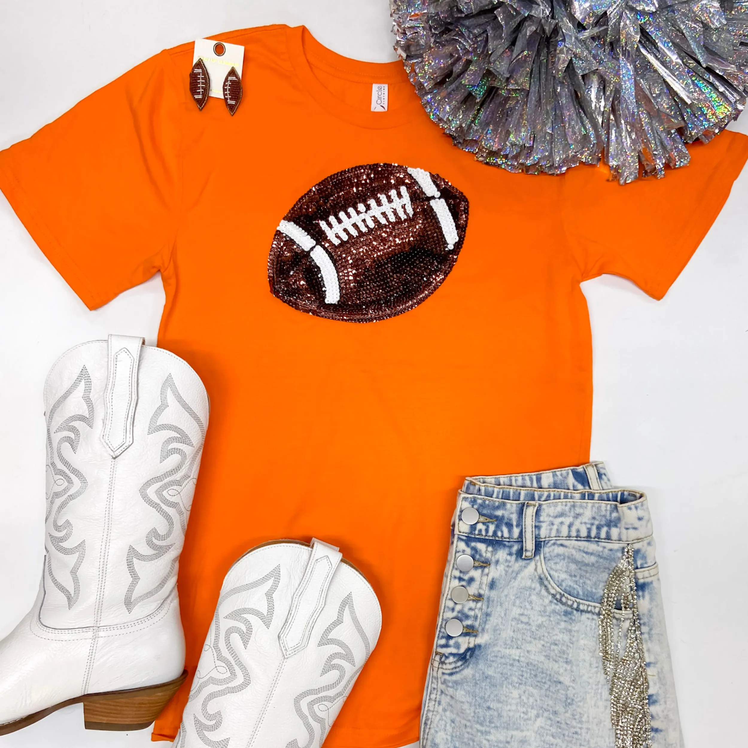 It's A Win Sequin Patch Football Short Sleeve Graphic Tee in Orange