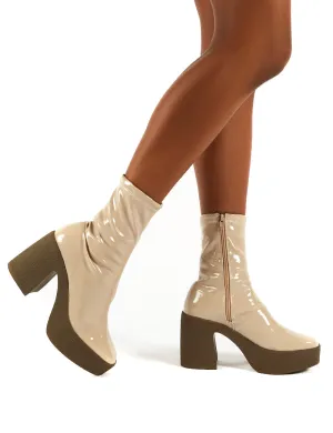 Jade Nude PU Block Heeled Ankle Boots