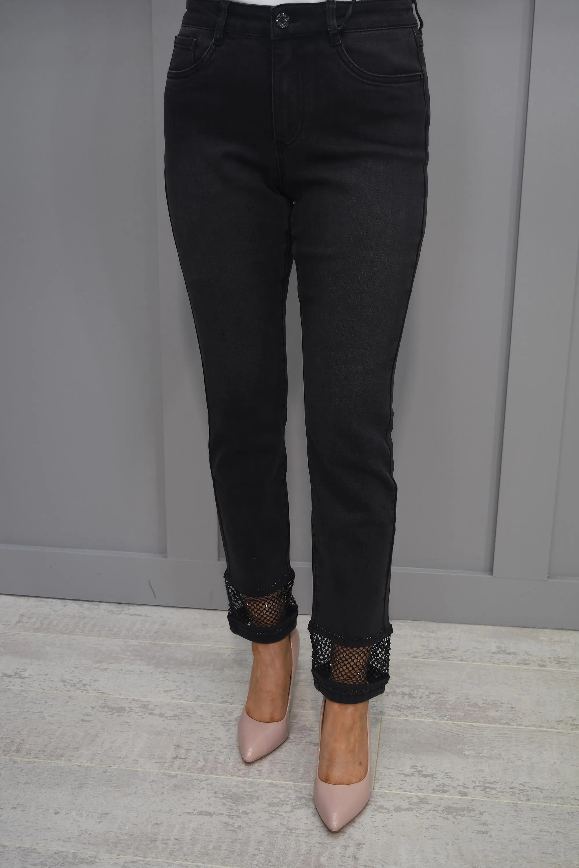 Joseph Ribkoff Black Jeans with Mesh Diamanté Panel-233933 2606