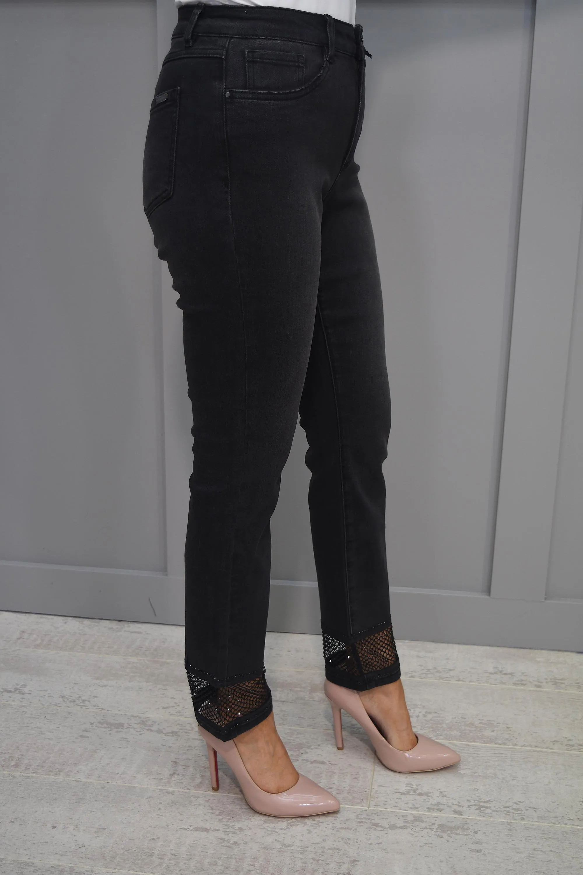 Joseph Ribkoff Black Jeans with Mesh Diamanté Panel-233933 2606