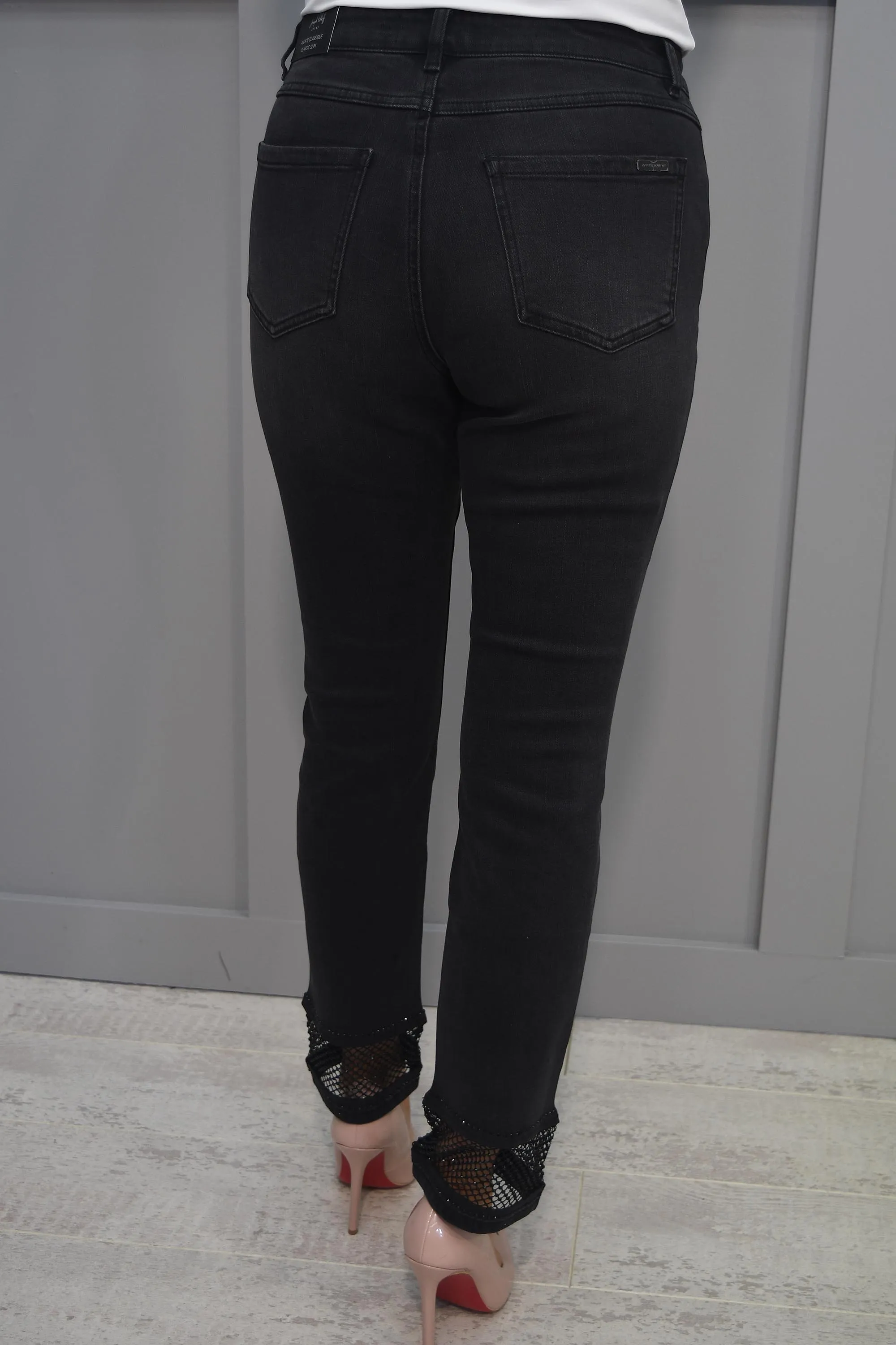 Joseph Ribkoff Black Jeans with Mesh Diamanté Panel-233933 2606