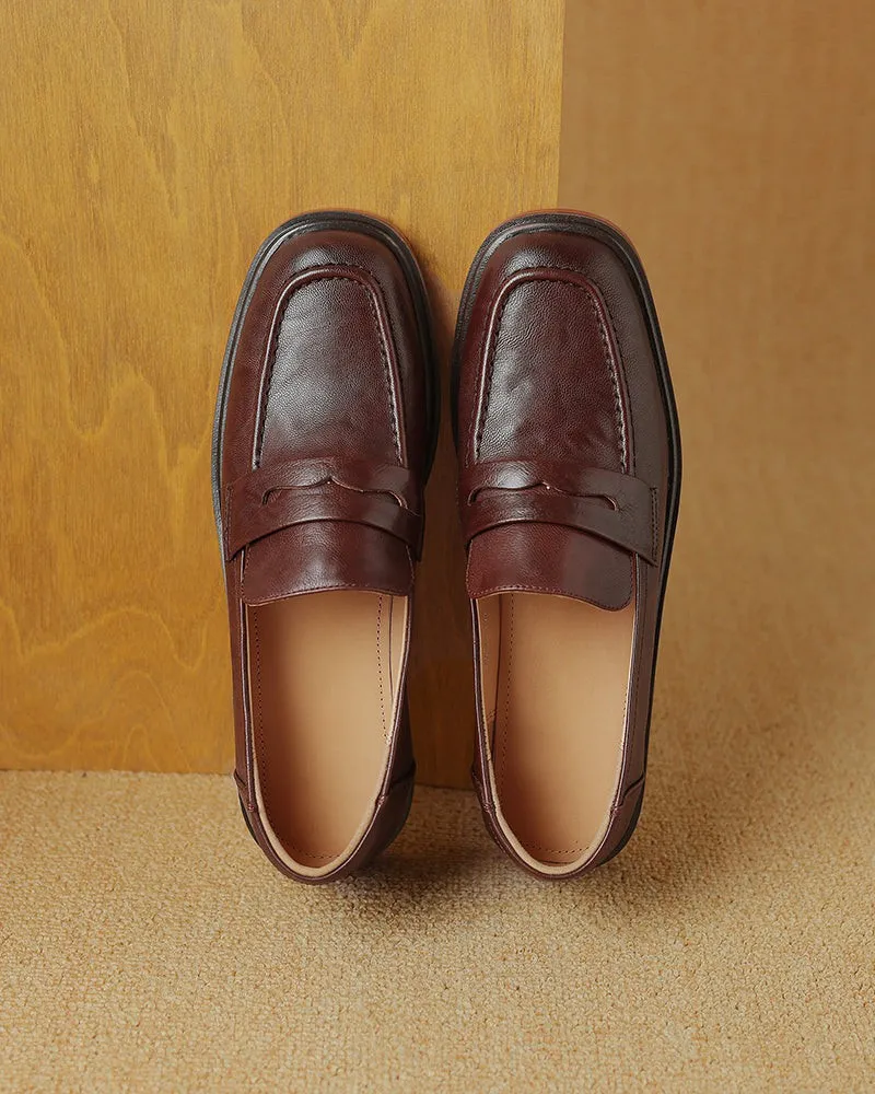 Leather Round Toe Flat Low Heeled Loafers