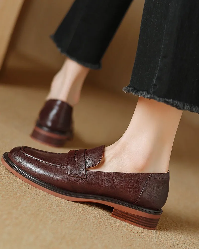 Leather Round Toe Flat Low Heeled Loafers