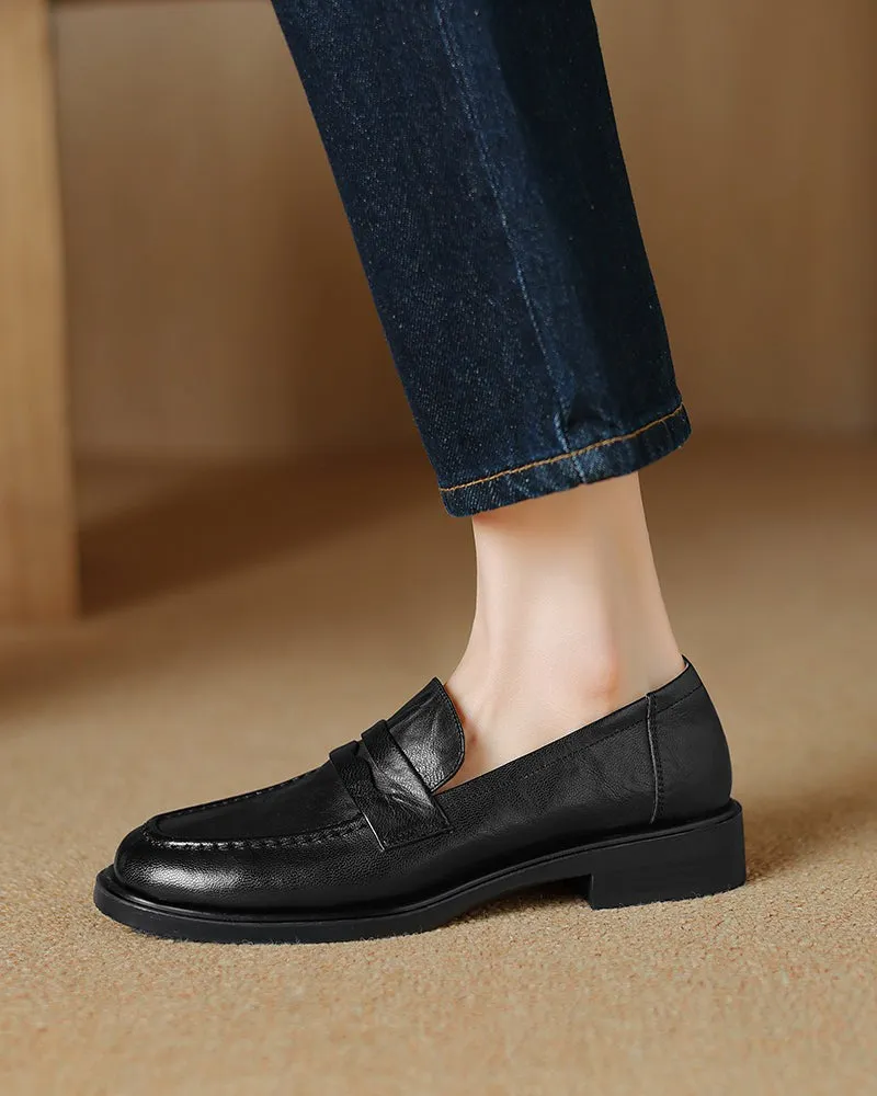 Leather Round Toe Flat Low Heeled Loafers