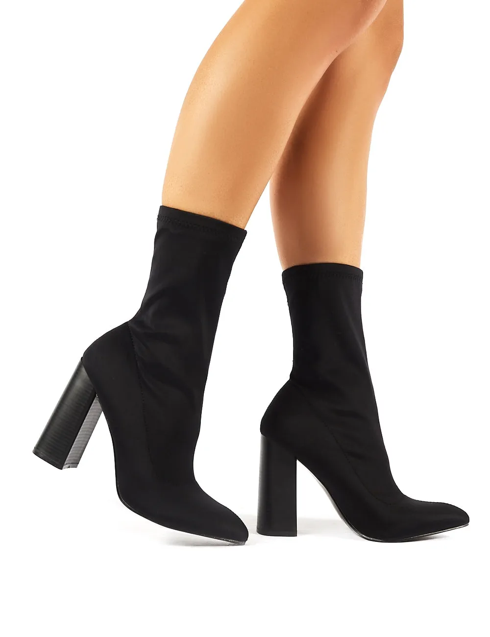 Libby Flared Heel Sock Fit Ankle Boots in Black Stretch