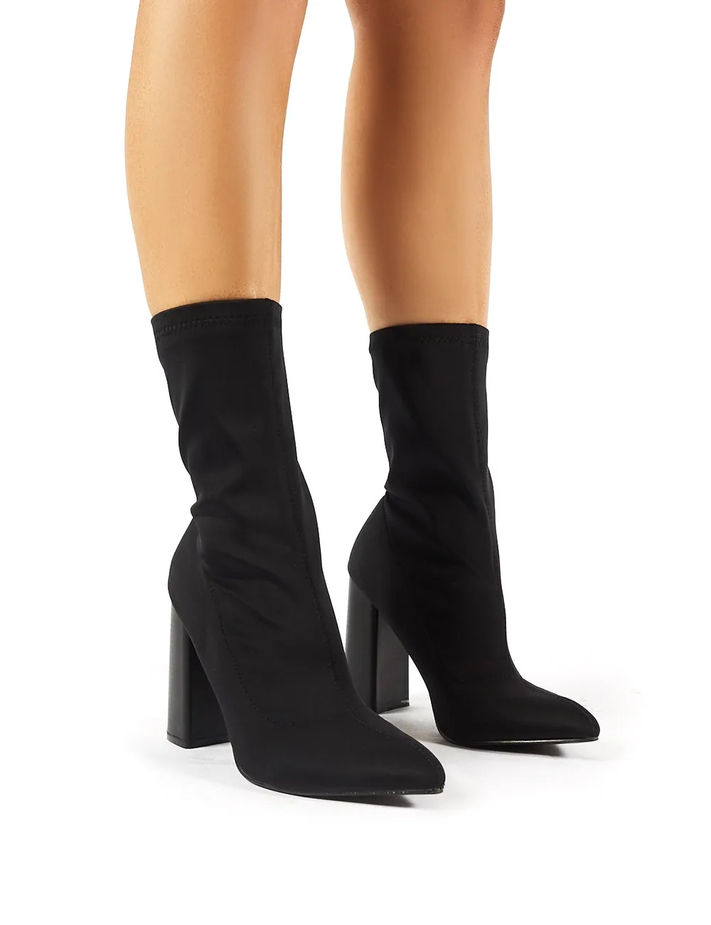 Libby Flared Heel Sock Fit Ankle Boots in Black Stretch