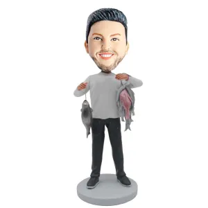 Male Fisherman Holding A Lot Of Fish Custom Figure Bobblehead