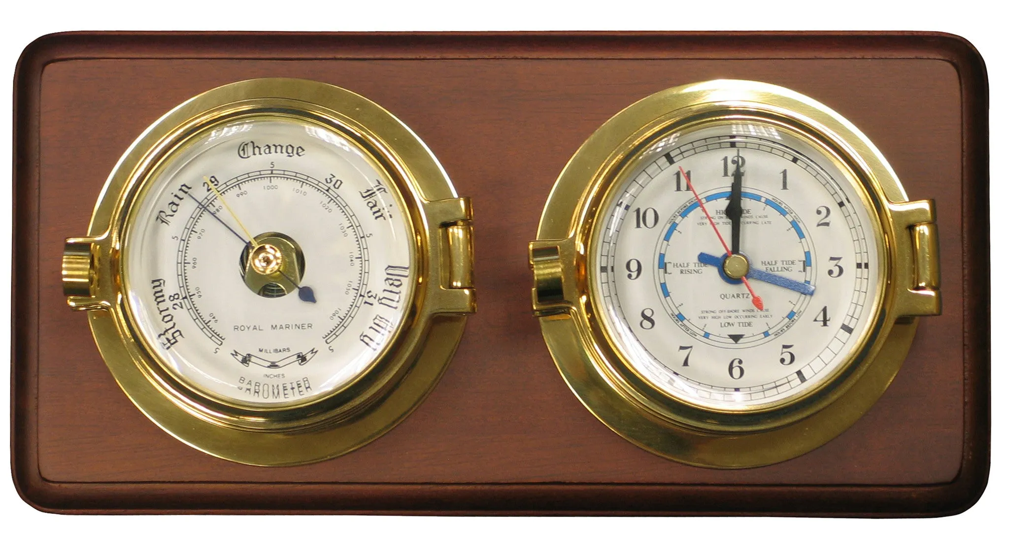 Meridian Zero Channel Range Brass Tide Clock and Barometer mounted on a Wooden Board - In Stock