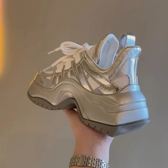 Metalized Silver Chunky Board Sneakers