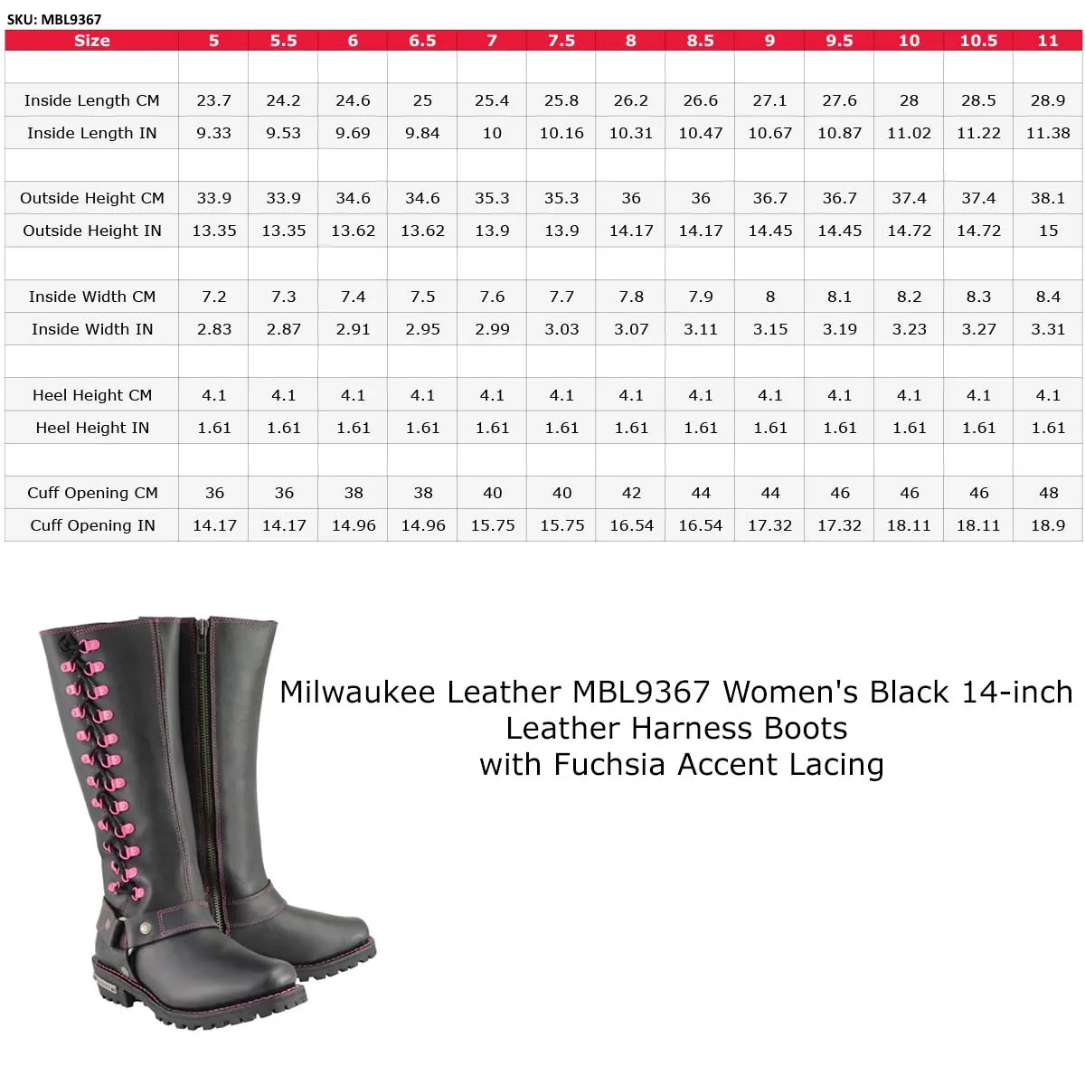 Milwaukee Leather Women's Black 14-inch Leather Harness Motorcycle Boots with Fuchsia Accent Lacing MBL9367