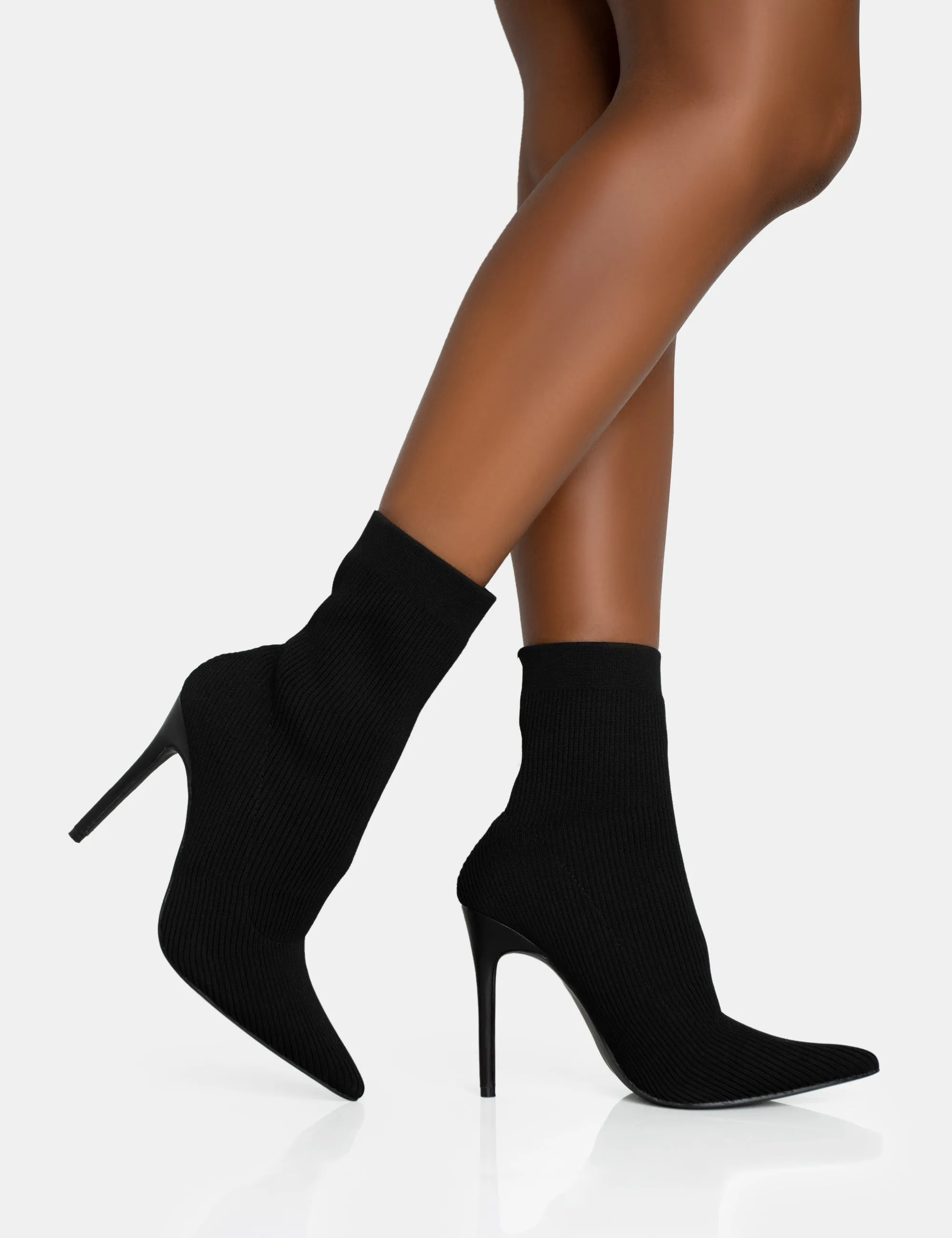 Mirival Black Knitted Stiletto Sock Pointed Toe Ankle Boots