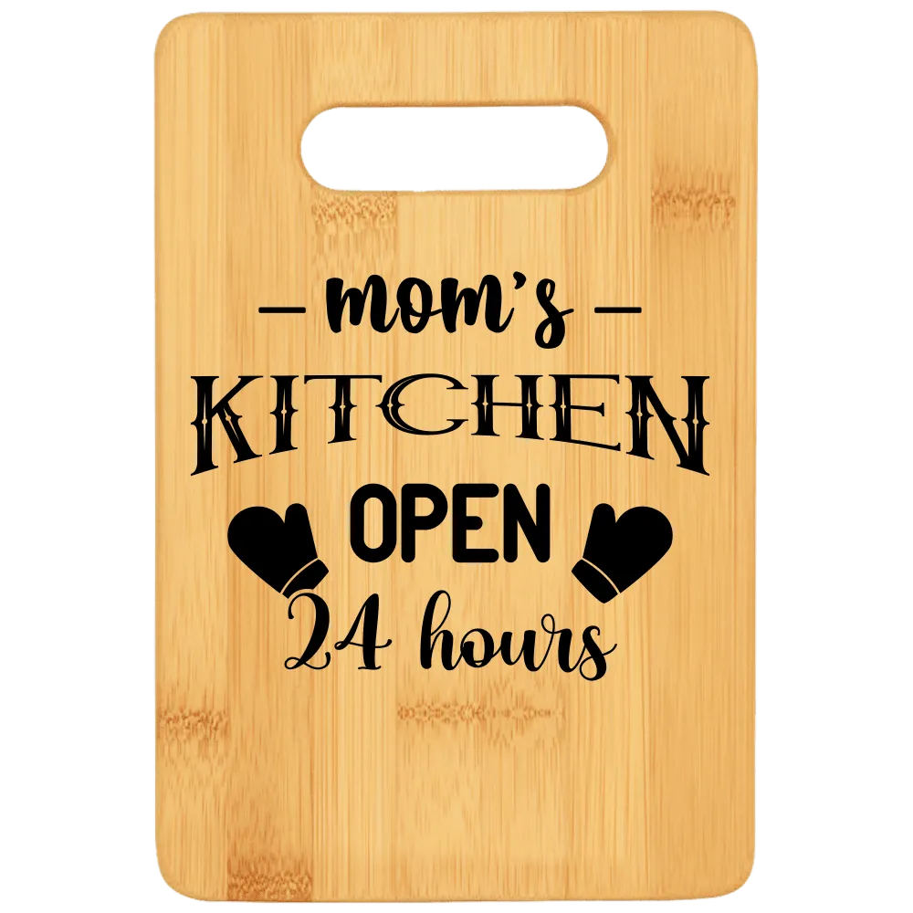 Mom's Kitchen Open 24 Hours Funny Stove Top Cutting Board with Handle v3