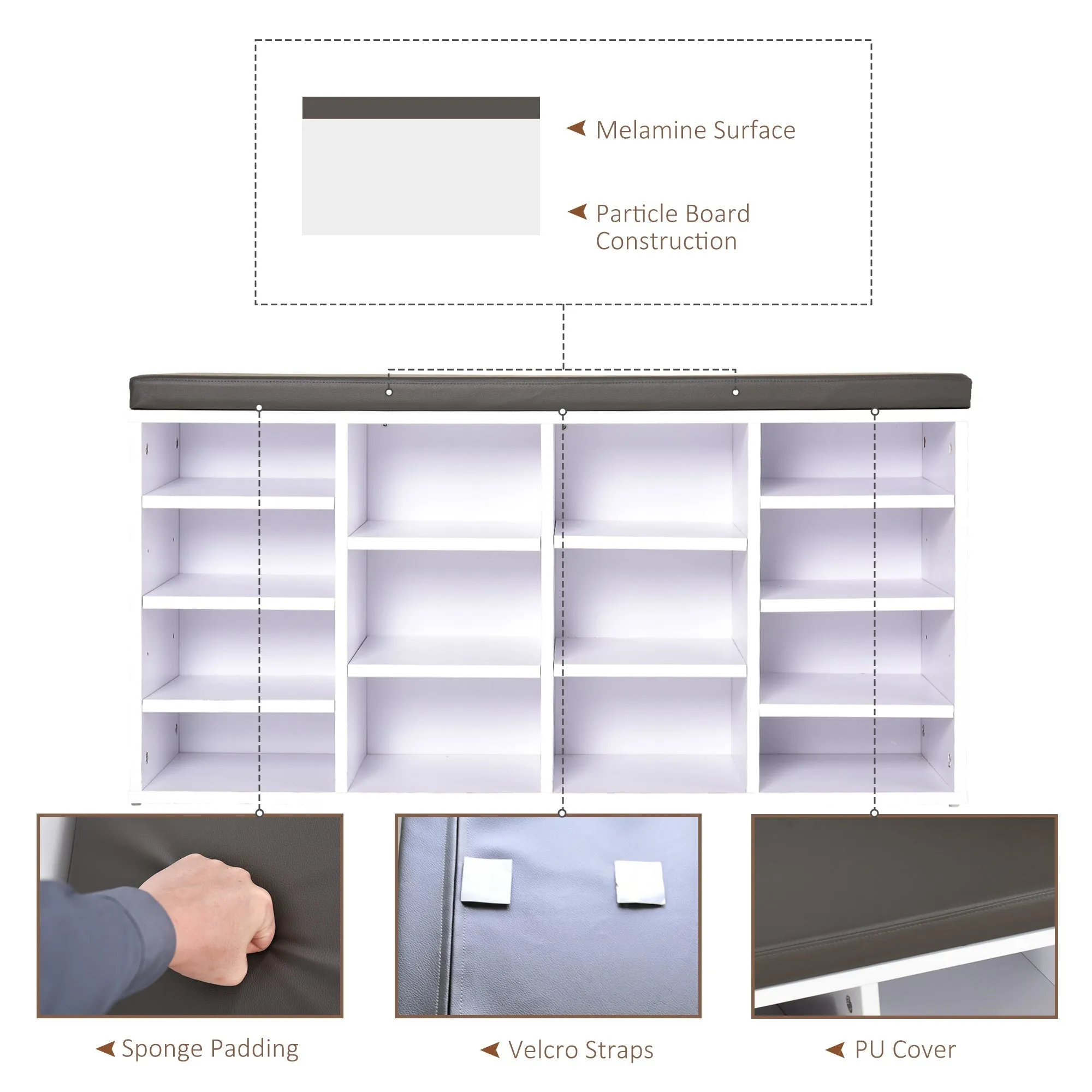 Multi-Storage Shoe Rack w/ 14 Compartments Cushion Moving Shelves Solid Frame Foot Pads Home Office Tidy Organisation Boots Trainers White