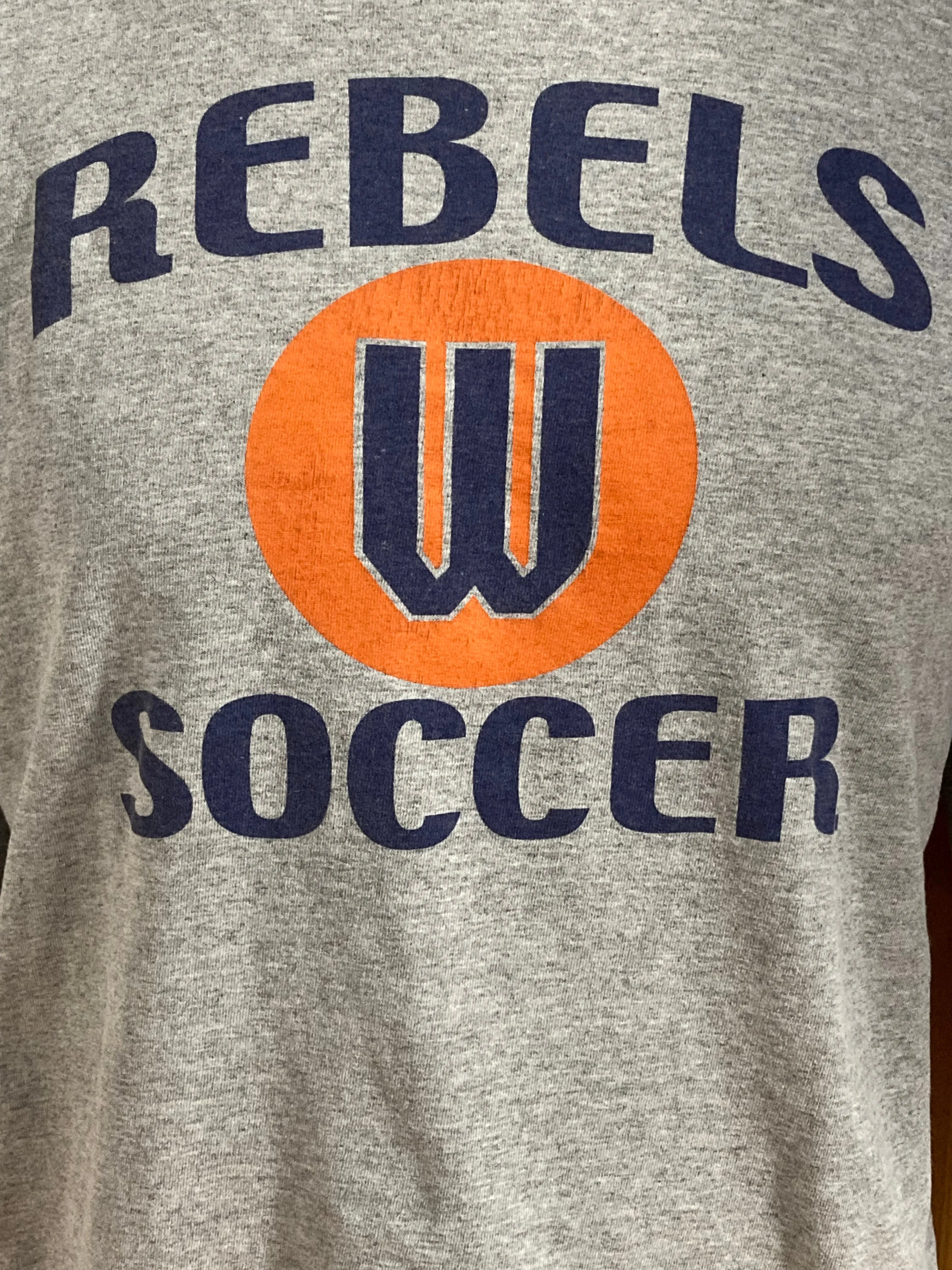 NIKE "REBELS SOCCER" Graphic Print Adult T-Shirt Tee Shirt S SM Small Gray Long Sleeve Shirt