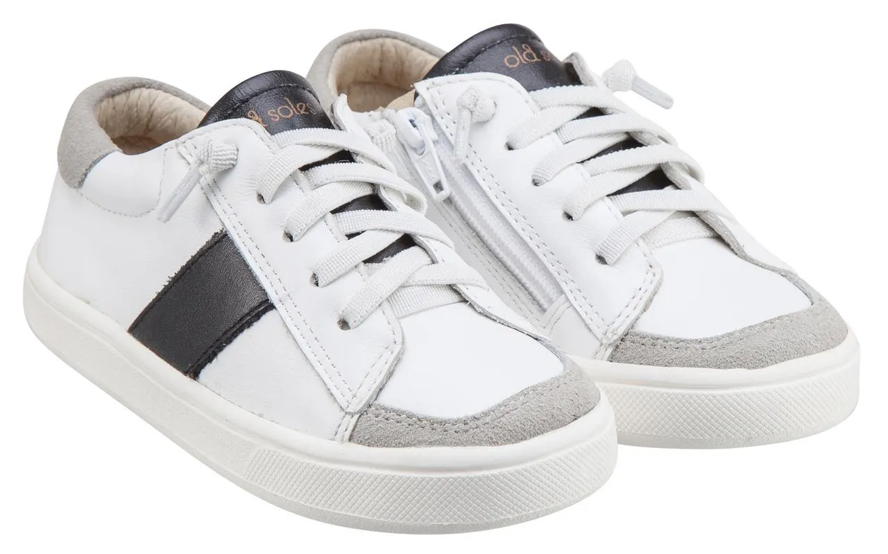 Old Soles Boy's & Girl's 6019 High St Shoe Black Side Stripe White Leather with Faux Laces and Zippered Sneaker Shoe